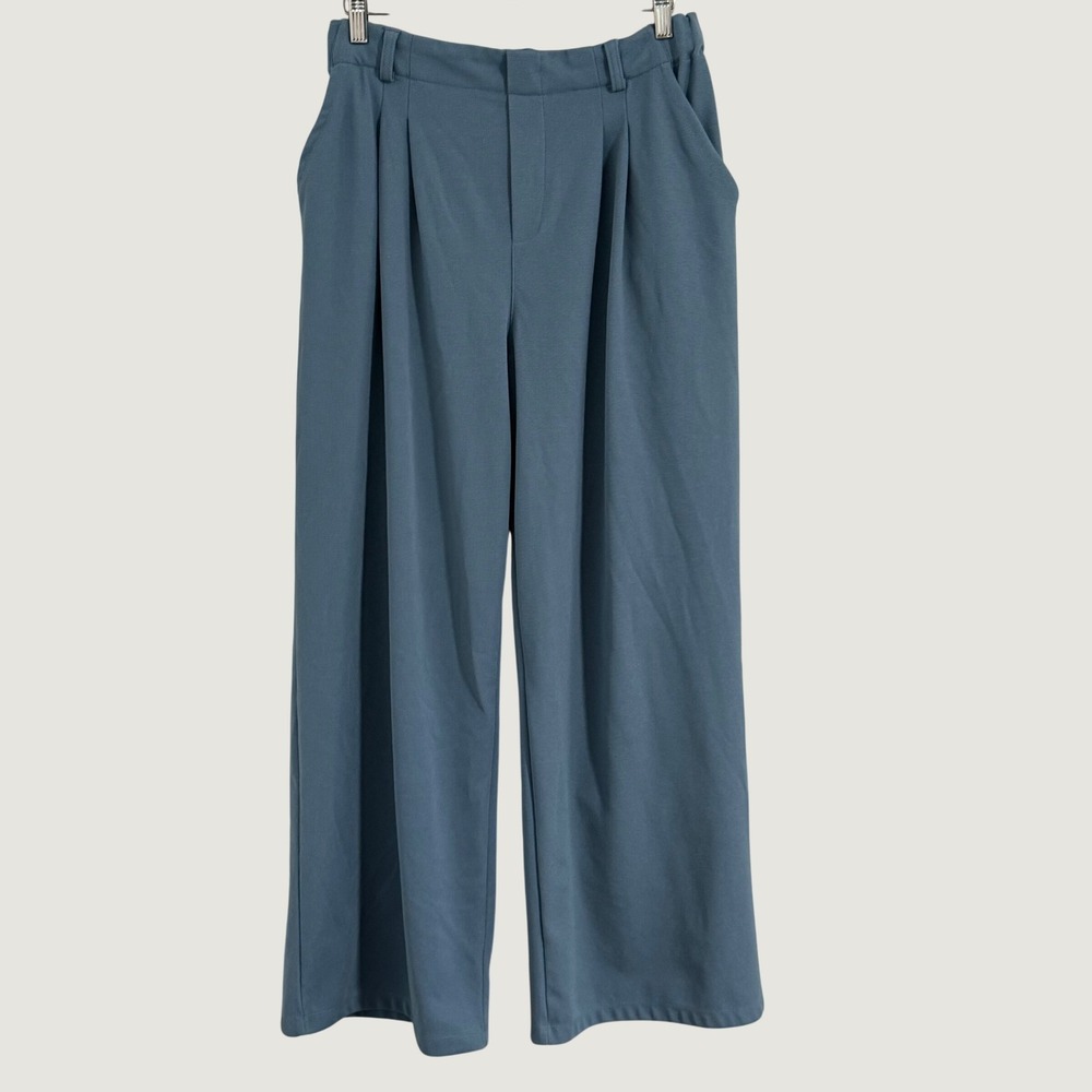 Halara Waffle Knit Wide Leg Pants Women L Tall Blue Pleated High Rise Trousers